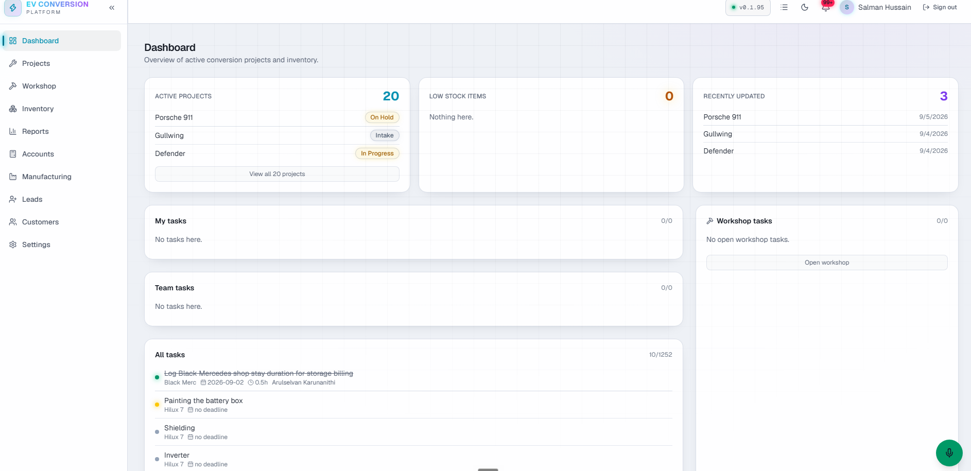 ERP dashboard for an EV conversion garage showing projects, workshop and inventory