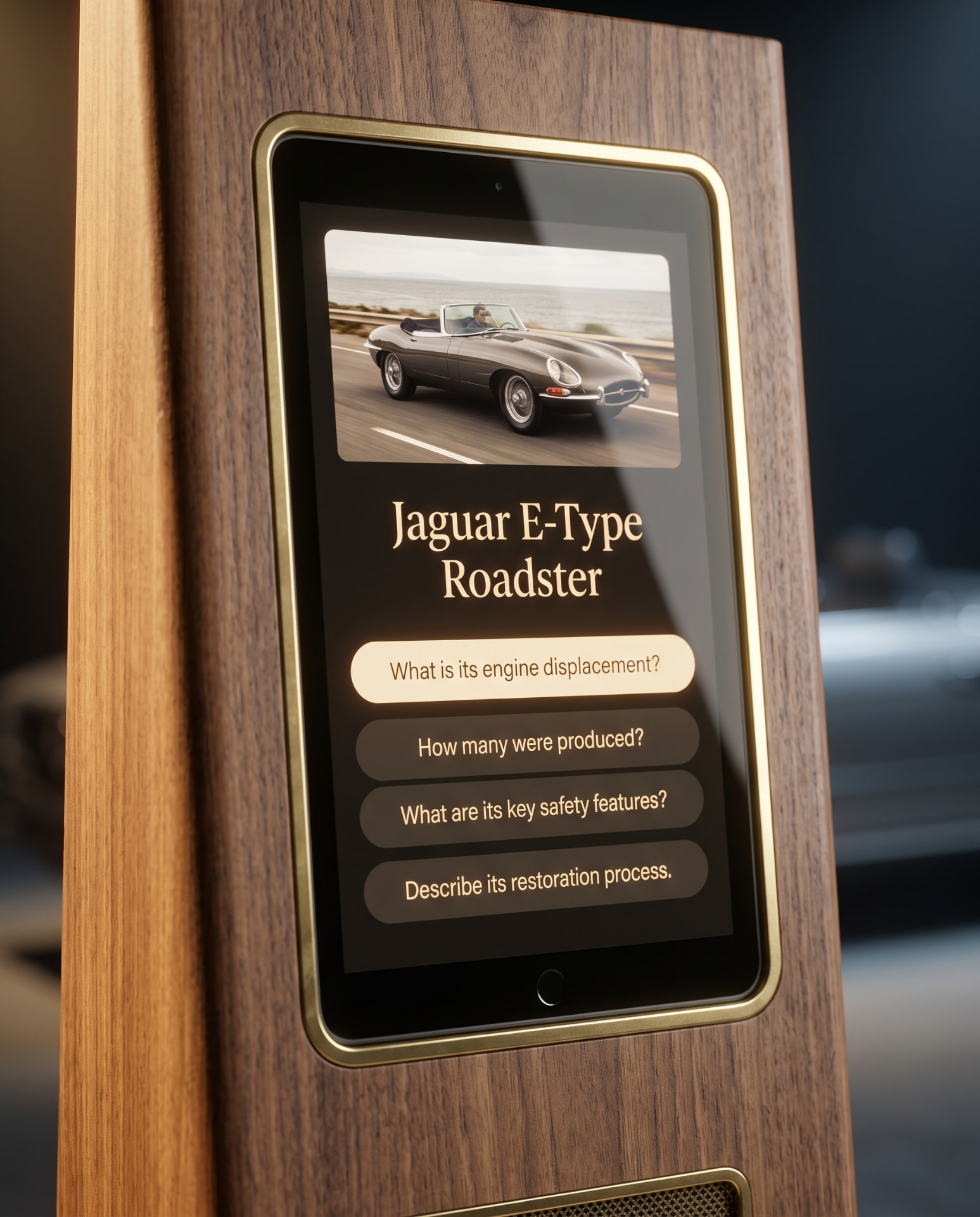 AI-powered tablet kiosk answering questions about a classic Jaguar in a showroom