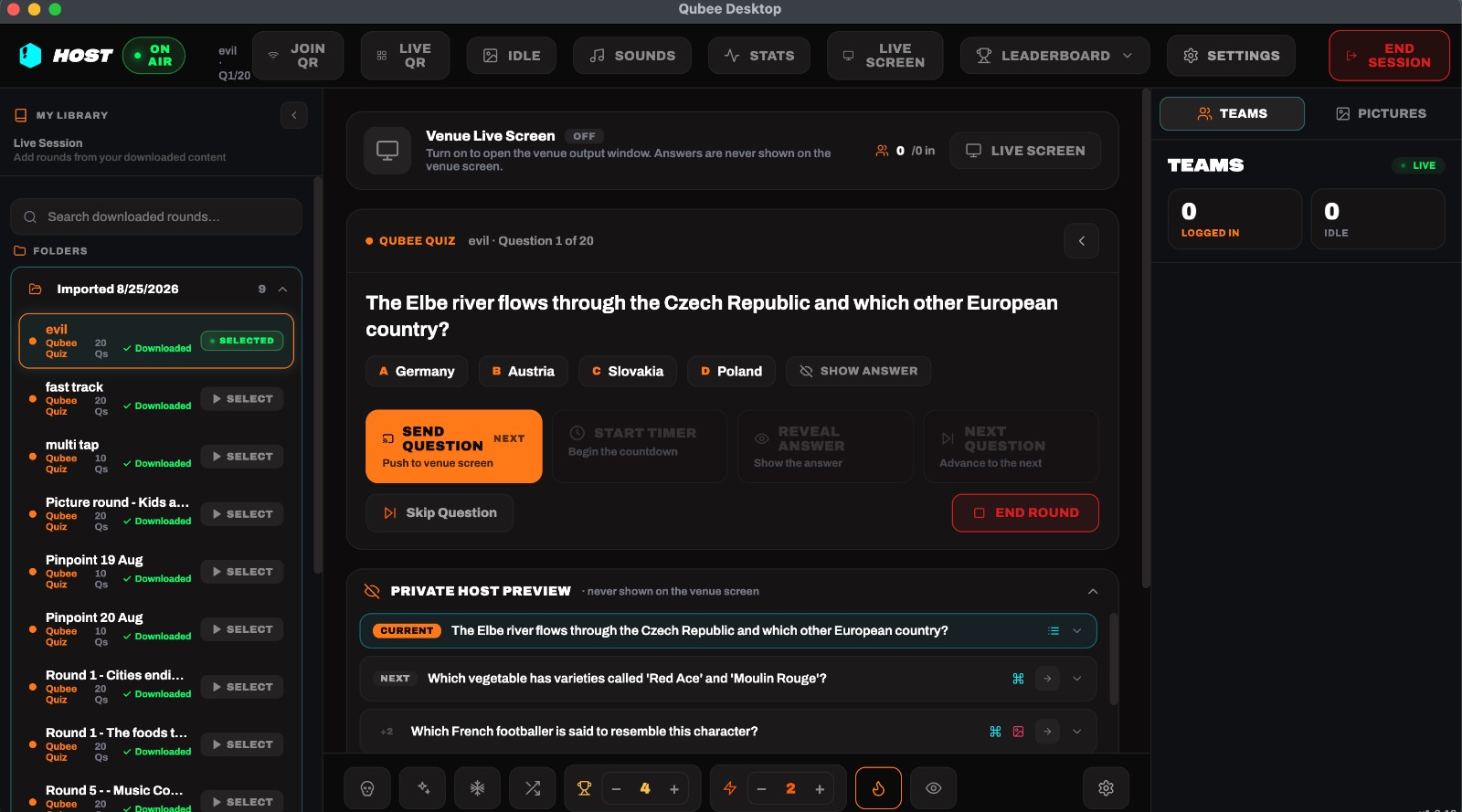 Quiz hosting dashboard with AI-generated questions and live player tracking